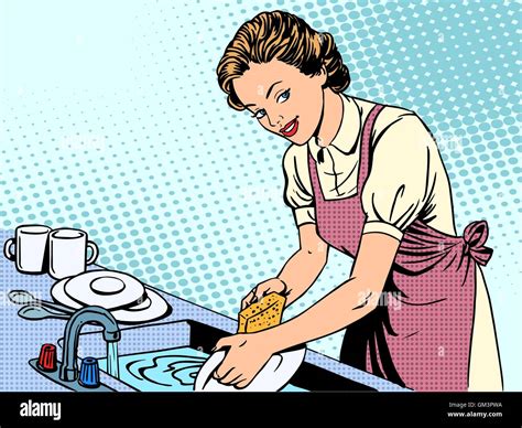 Woman Washing Dishes Housewife Housework Comfort Stock Vector Image