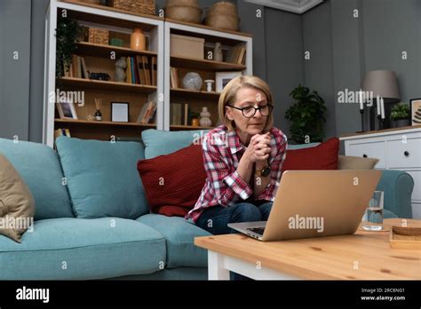 Tired Stressed Upset Middle Aged Mature Woman Feeling Sick Headache After Computer Work Sit At