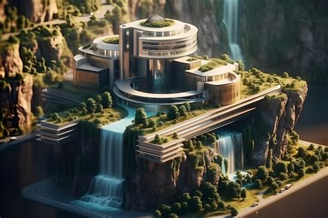 Premium AI Image A Digital Rendering Of A House With A Waterfall In