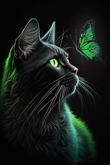 Un Gato Negro Con Ojos Verdes Mirando Una Mariposa Foto Premium