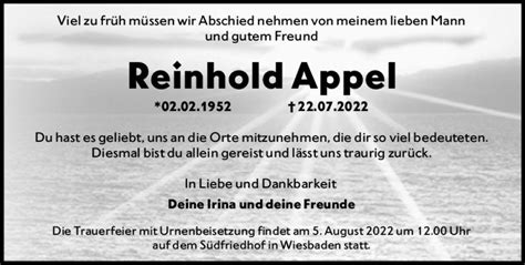 Traueranzeigen Von Reinhold Appel Vrm Trauer De