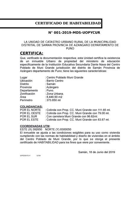 CERT DE Habitabilidad CERTIFICADO DE HABITABILIDAD N 001 2019 MDS