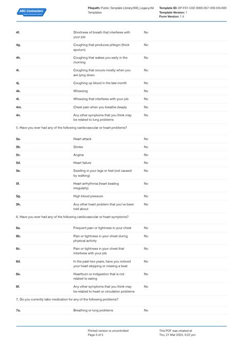 OSHA Respirator Medical Evaluation Questionnaire Form