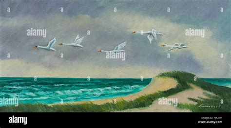 Oil painting - Four white migratory birds with yellow beaks fly on the ...