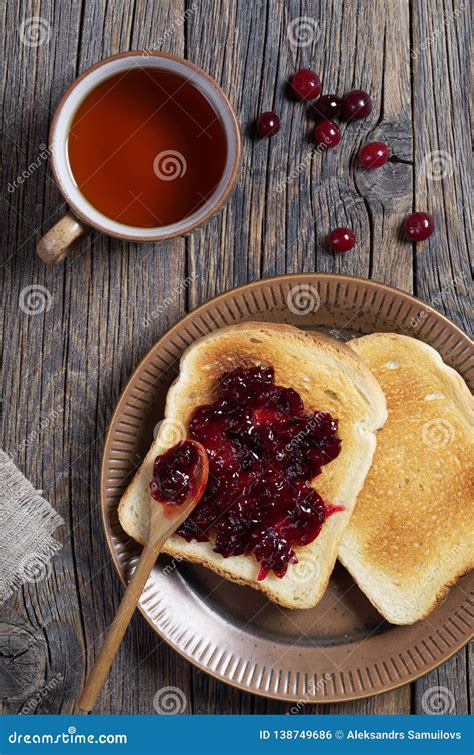 Toasted Bread With Cranberry Jam And Tea Stock Photo Image Of Food