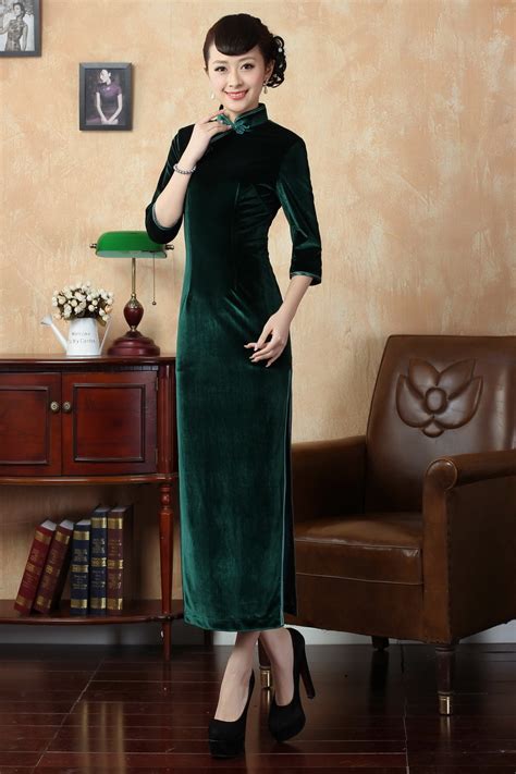 Traditional Long Velvet Cheongsam Dress Green Qipao Cheongsam