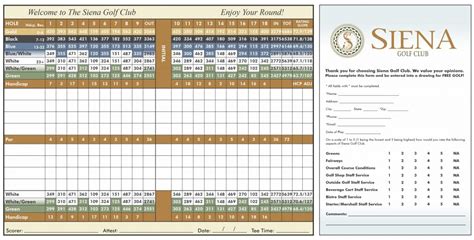 Siena Golf Course Score Card | Siena Golf Course