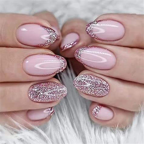 Vatocu Ovale Faux Ongles Français Court Faux Ongle Rose Glitter Appuyez