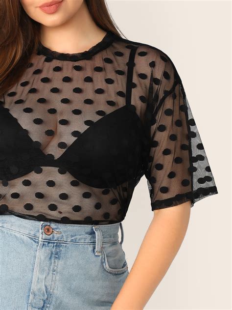 Plus Sheer Mesh Polka Dot Blouse Without Bra Romwe