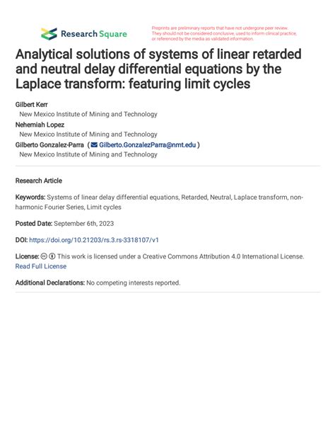 Pdf Analytical Solutions Of Systems Of Linear Retarded And Neutral