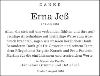 Traueranzeigen von Erna Jeß trauer anzeigen de