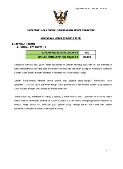 Jawatankuasa Pengurusan Bencana Negeri Sarawak Kenyataan Media Ogos