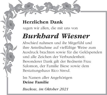 Traueranzeigen Von Burkhard Wiesner M Rkische Onlinezeitung Trauerportal