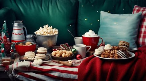 Premium Ai Image Informal Pajama Party With Hot Cocoa Snacks And Christmas Movie Marathon