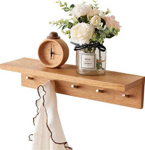 Treoakwis Oak Floating Shelf With Hooks Solid Wood Coat Hooks With