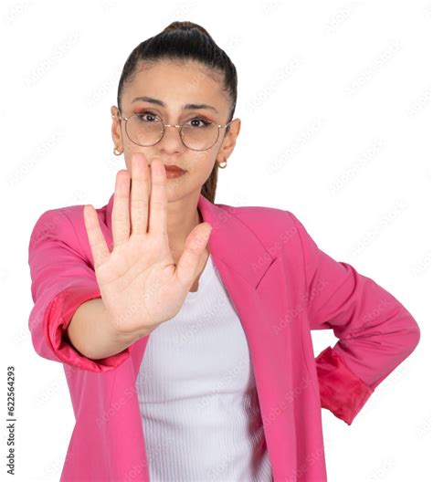 Showing Stop Gesture With Palm Portrait Of Serious Sad Mad Woman