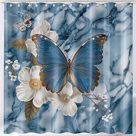 Blue Butterfly And White Flowers On Marble Background Shower Curtain