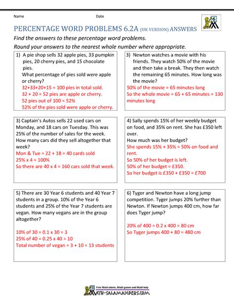 Percentage Word Problems Worksheets 6th Grade