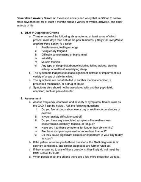 Generalized Anxiety Disorder 1 Dsm V Diagnostic Criteria A Three Or More Of The Following