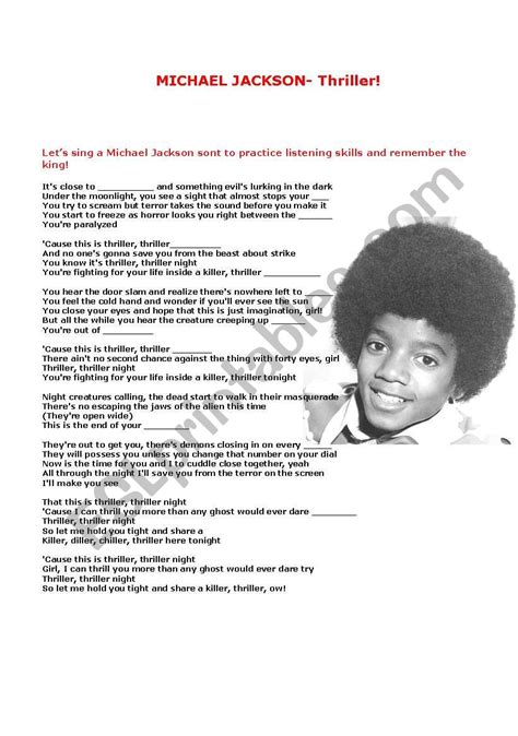 Thriller Michael Jackson Esl Worksheet By Marivalle