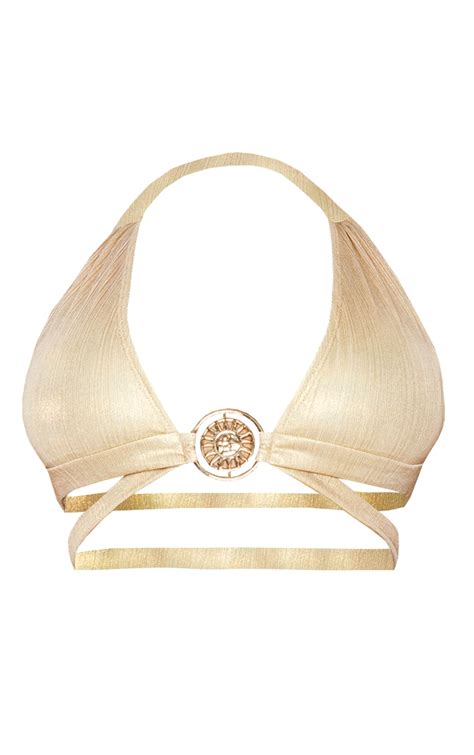 Gold Double Strap Gold Trim Bikini Top Swimwear Plt Qa