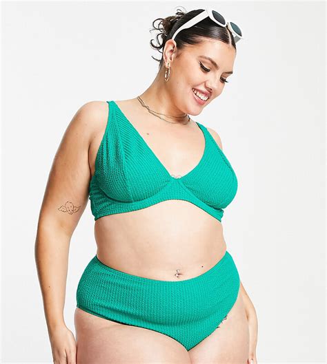 Peek Beau Curve Exclusive High Waist Bikini Bottom In Green Texture