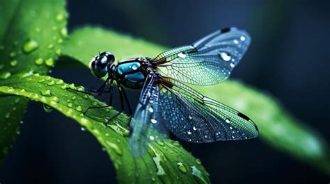 Premium Photo Dragonfly On Leaf Of Plant With Drop Of Morning Dew