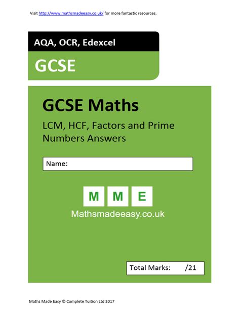 Gcse Maths Lcm Hcf Factors And Prime Numbers Worksheets Answers Pdf