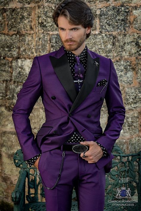 Traje Cruzado De Novio Rockero Morado Brocado Microdise Os Negros