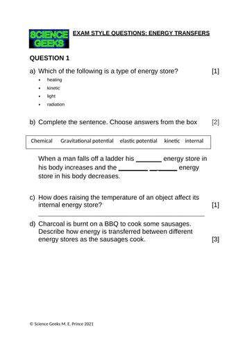 Gcse Energy Stores And Energy Transfers Exam Style Questions Teaching Resources