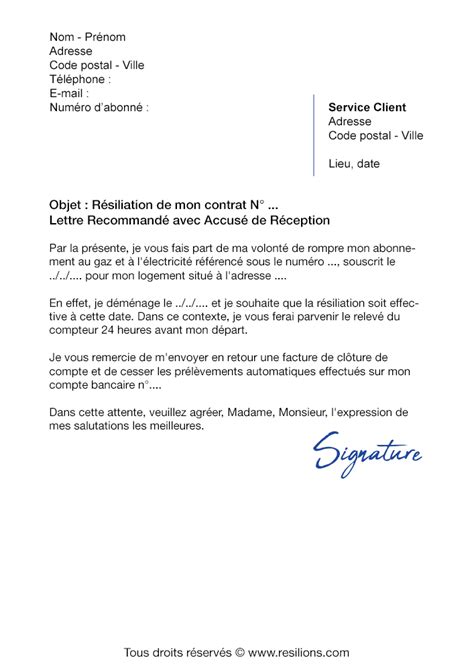 Lettre De R Siliation Contrat Duo Gaz Et Lectricit Mod Le Pdf Et Word