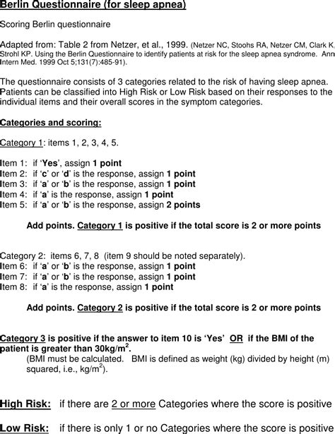 Berlin Questionnaire Scoring Bsq Instructions