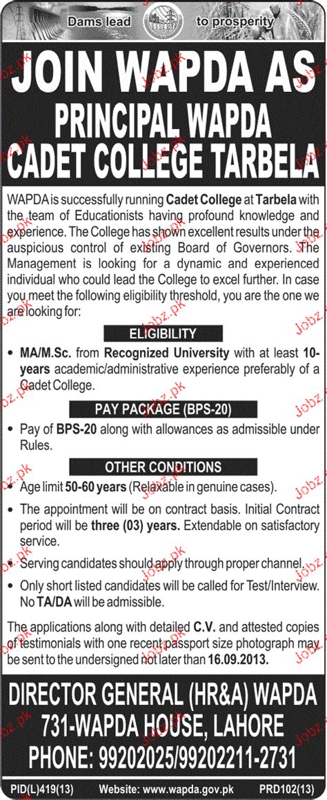 Principal Job In Wapda Cadet College Tarbela Job Advertisement