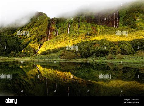 Poco Ribeira Do Ferreiro Waterfall Flores Island Hi Res Stock