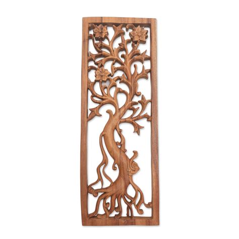 UNICEF Market Frangipani Flower Tree Suar Wood Relief Panel From Bali