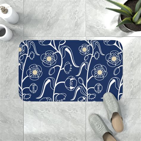 Navy Blue White And Beige Wildflower Memory Foam Bathmat Modern Bath