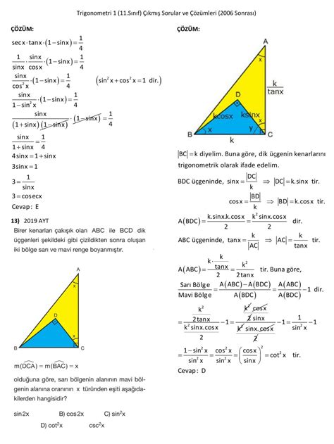 Trigonometri I AYT ÖSYM Sınavlarından Matematik Soruları ve Çözümleri