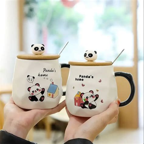 Canecas De Cer Mica Tampa E Colher Caneca Bonito Do Panda Drinkware