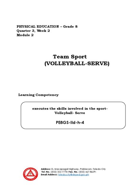 Pe Q3 Module 2 Team Sport Volleyball Serve Pdf Volleyball