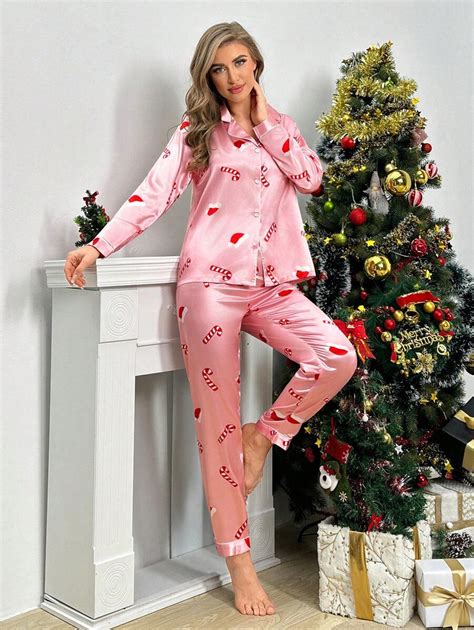 Christmas Hat Print Contrast Piping Satin Pj Set Shein Usa