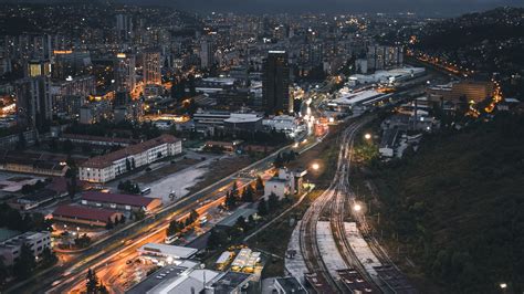 wallpaper night city, top view, buildings, railway HD : Widescreen ...