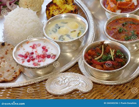 Royal Thali Served on a Silver Tray, Rambagh Palace in Jaipur, Rajasthan, India Stock Photo ...