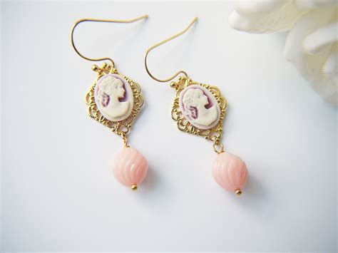 Victorian Style Cameo Earrings Pastel Pink Lady Cameo Gold Filigree ...