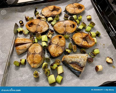 Bonito Fish Pieces With Leek And Vegetables Baked In Oven With Pan