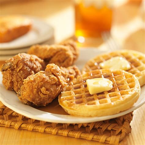 Classic American Recipe Fried Chicken And Waffles With Maple Syrup