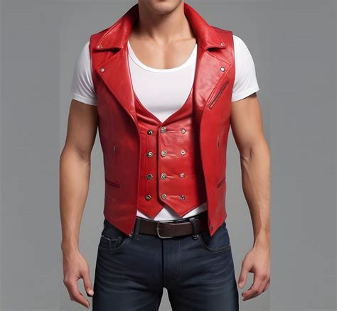 Handmade Leather Vest Mens Biker Red Leather Waistcoat Genuine Cow Leather Vest Motorbike Vest