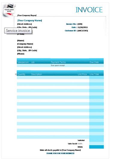 Excel Service invoice template