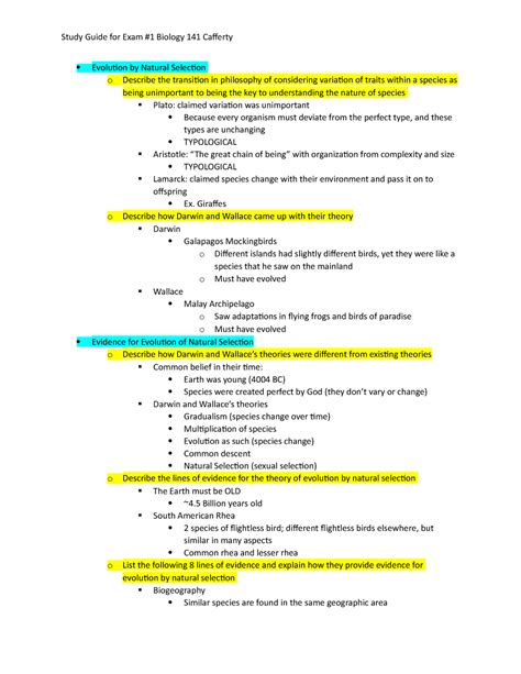 Bio Exam Study Guide Evolution By Natural Selection O Describe