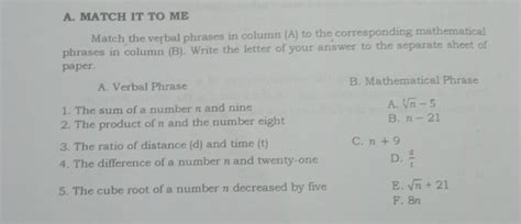 Match The Verbal Phrases In Column A To The Corresponding Mathematical