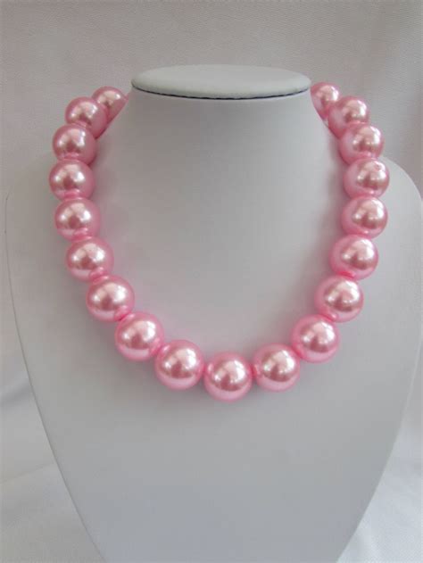 Large 20 Mm Faux Pink Pearl Necklace Etsy UK Pink Pearl Necklace